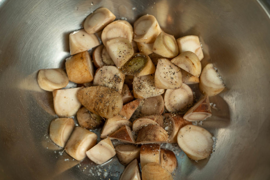 Mix gobo chunks with salt, pepper, and oil