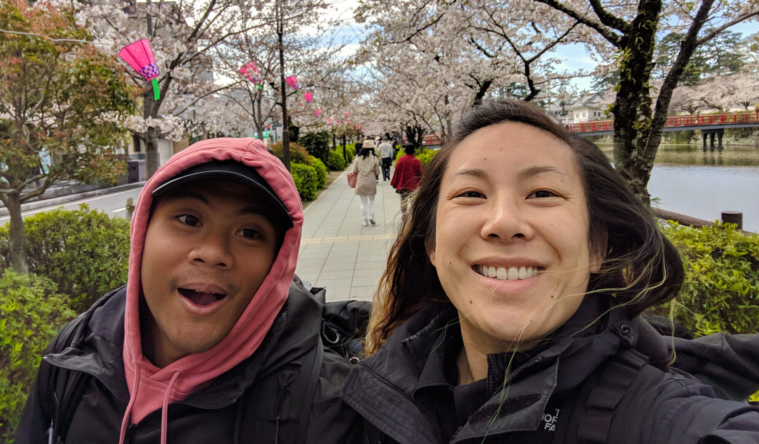 Carlienne in Japan with cherry blossoms